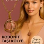 Sertifikalı Tel Sargılı Gold Renkli Doğal Rodonit Taşı Kolye – Sevgi ve Duygusal Denge Taşı