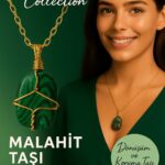 Sertifikalı Gold Renkli Doğal Tel Sargılı Malahit Taşı Kolye – Dönüşüm ve Koruma Taşı