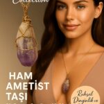 Sertifikalı Gold Renkli Doğal Ham Ametist Taşı Kolye – Ruhsal Dinginlik ve Koruma Taşı