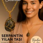 Sertifikalı Gold Renkli Doğal Tel Sargılı Serpantin Yılan Taşı Kolye – Dönüşüm ve Koruma Taşı