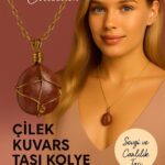 Sertifikalı Doğal Gold Renkli Tel Sargılı Çilek Kuvars Taşı Kolye – Sevgi ve Canlılık Taşı