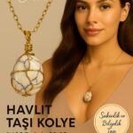 Sertifikalı Tel Sargılı Doğal Havlit Taşı Kolye – Altın Kaplama Sakinlik ve Bilgelik Taşı