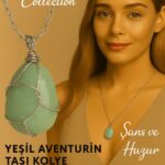 Sertifikalı Gümüş Tel Sargılı Doğal Aventurin Taşı Kolye – 25-30 mm Şans ve Denge Taşı