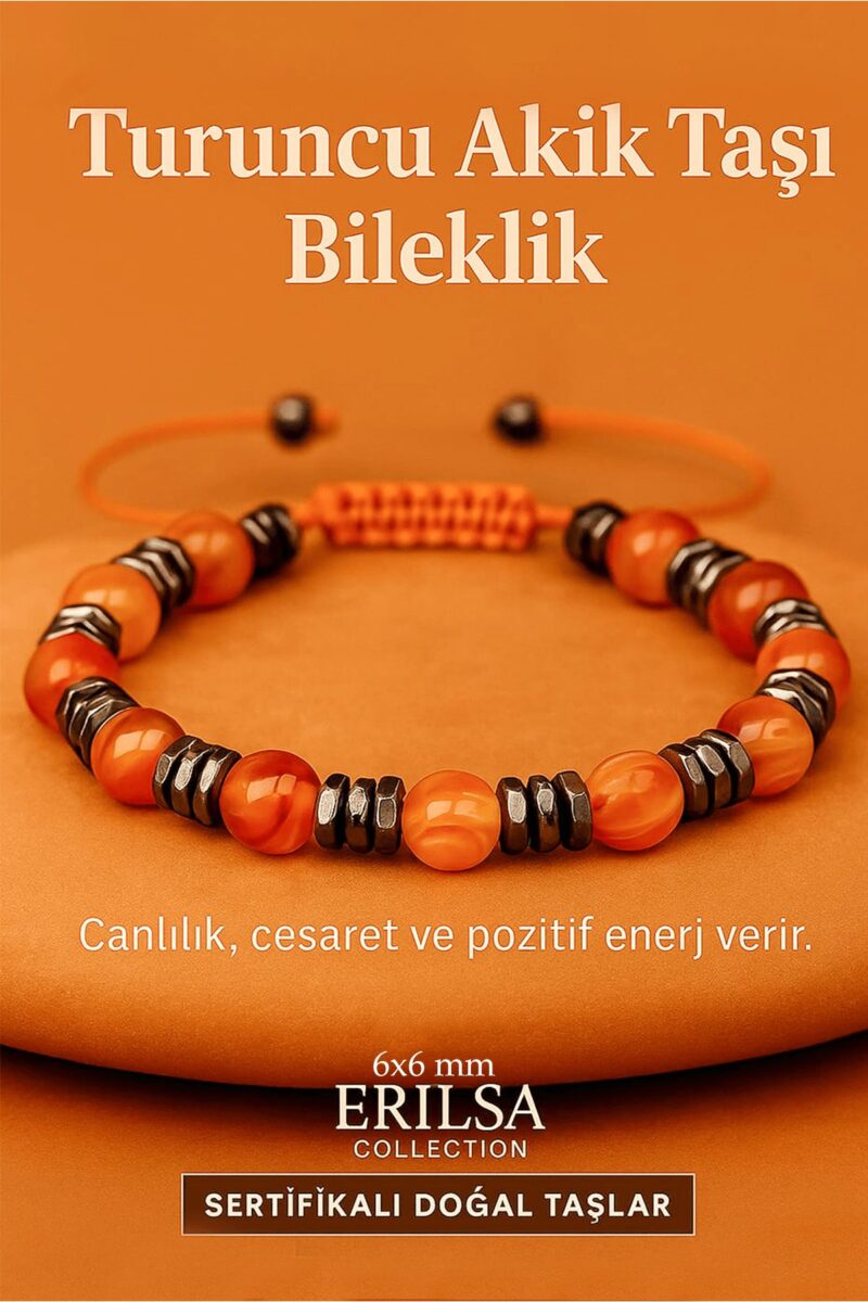 Sertifikalı Turuncu Akik Taşı Bileklik 6x6 mm – Canlılık, Cesaret ve Motivasyon Taşı