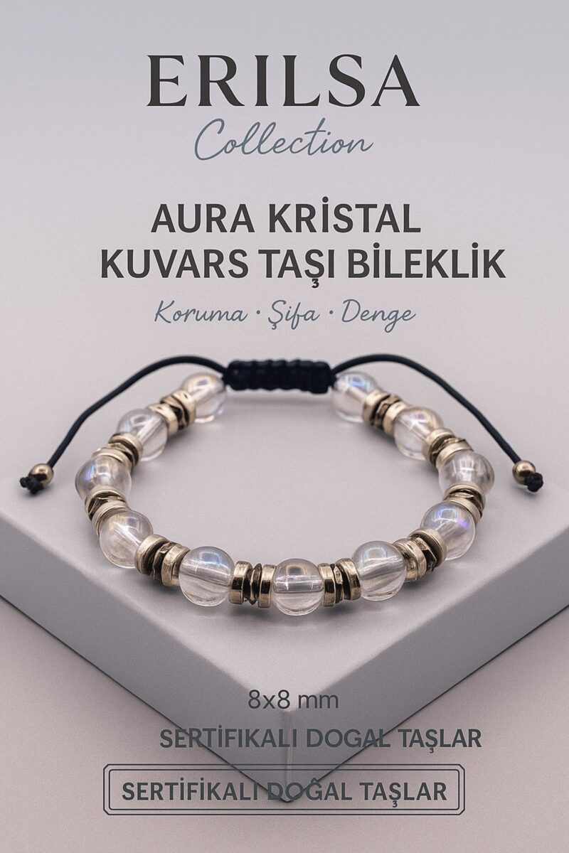 Sertifikalı Kristal Kuvars Doğal Taş Bileklik - 8x8 mm Berraklık Huzur ve Denge Enerjisi Taşı