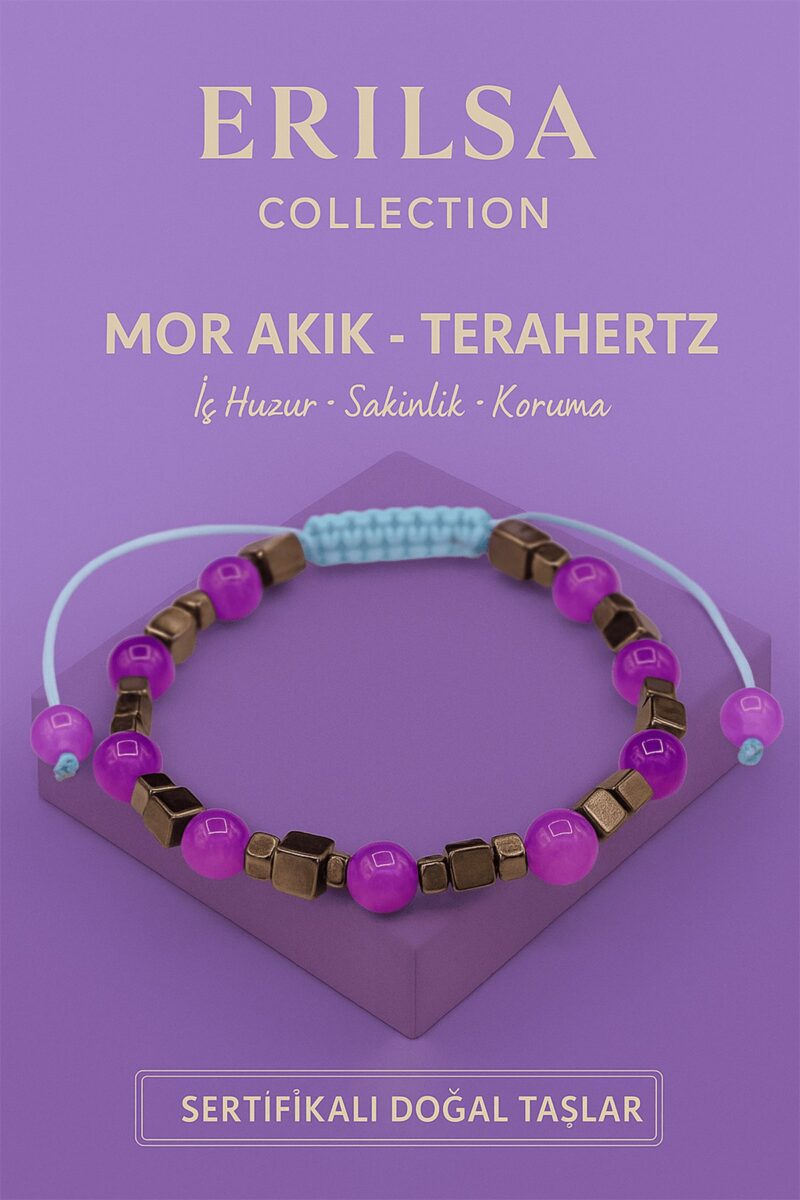 Sertifikalı Terahertz Mor Akik Doğal Taş Bileklik - Sakinlik Koruma Enerji Denge Taşı