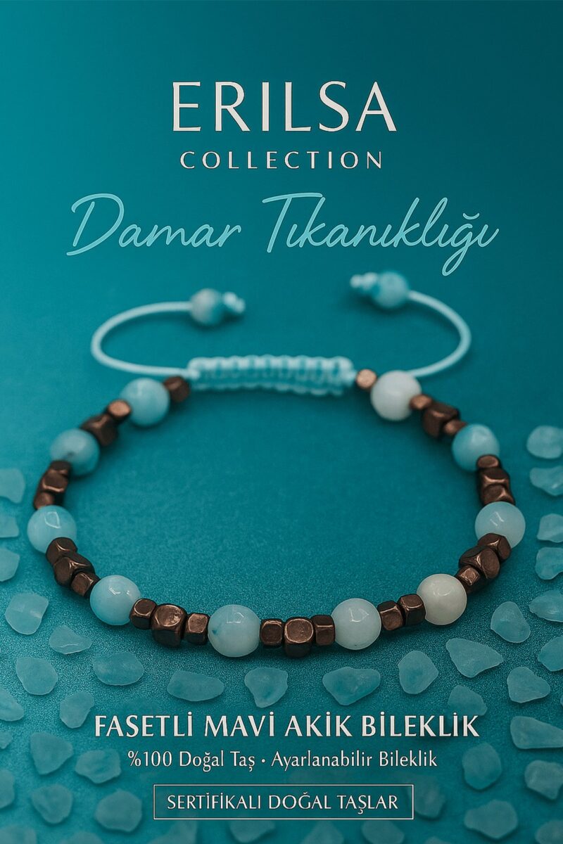 Sertifikalı Damar Tıkanıklığı Bilekliği – Fasetli Mavi Akik Terahertz – %100 Doğal 6 mm Taş