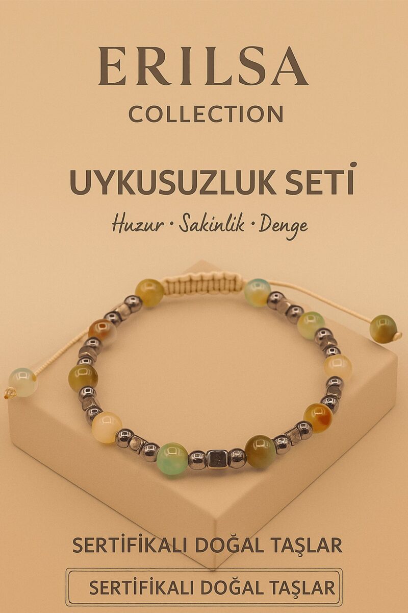 Sertifikalı Yeşil Akik Karnelyan Akik Terahertz Doğal Uykusuzluk Bileklik Seti Huzur Sakinlik Taşı