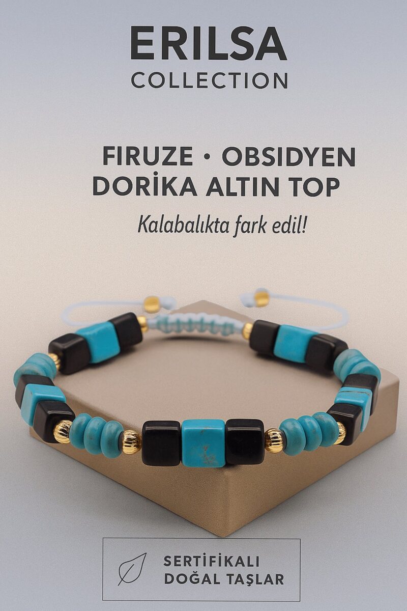 Sertifikalı Obsidyen Dorika Firuze Taşı Bileklik – Kalabalıkta Fark Edil, Enerjini Kor