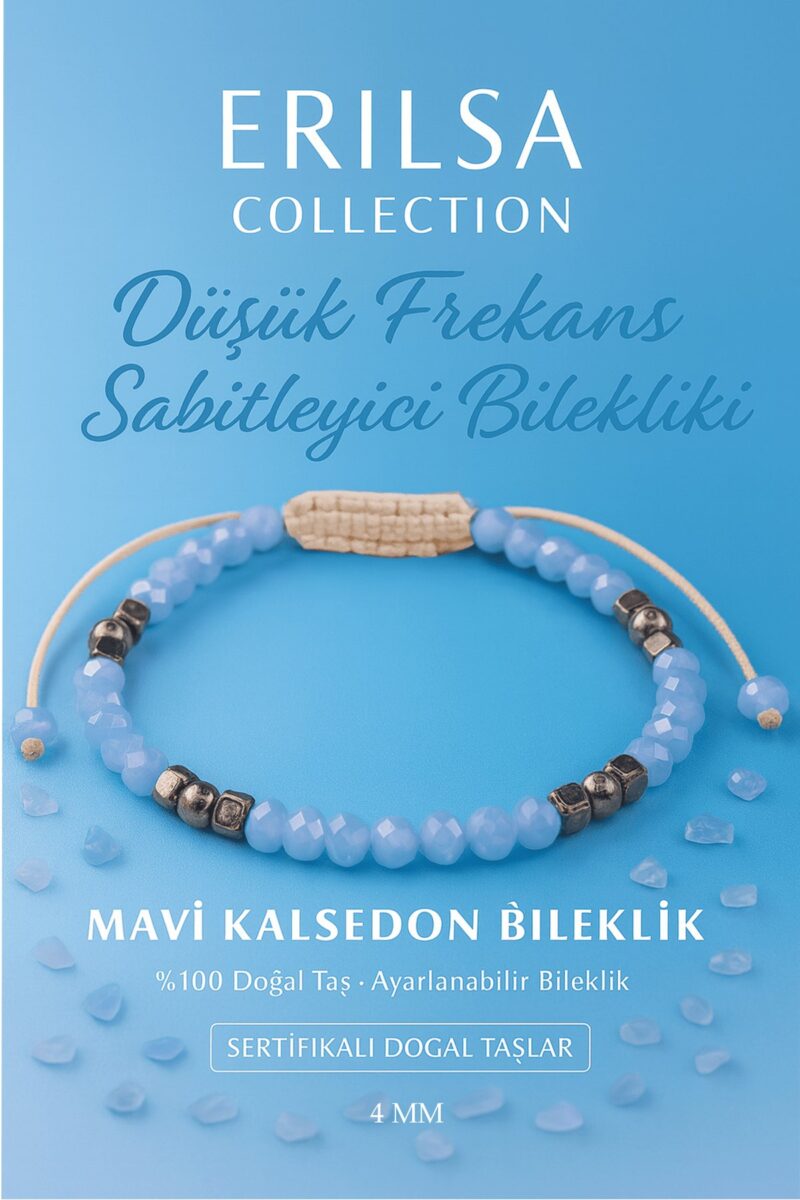 Sertifikalı Düşük Frekans Sabitleyici Bileklik - Mavi Kalsedon Terahertz Doğal Taş 4mm
