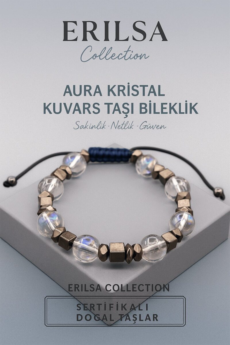 Sertifikalı Aura Kristal Kuvars Doğal Taş Bileklik 8x8 mm Sakinlik Netlik ve Güven Enerjisi Taşı