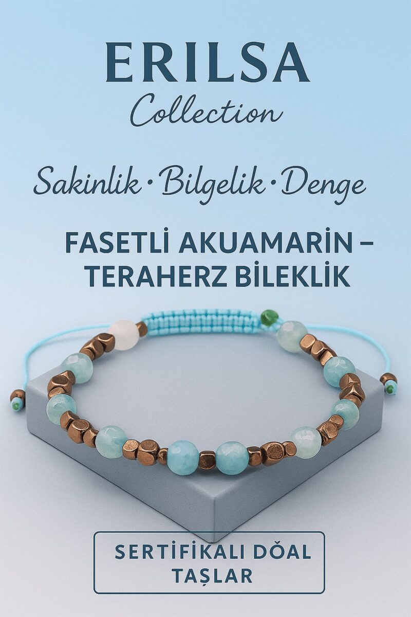 Sertifikalı Fasetli Terahertz Akuamarin Taşı Bileklik – Sakinlik, Bilgelik ve Denge Taşı
