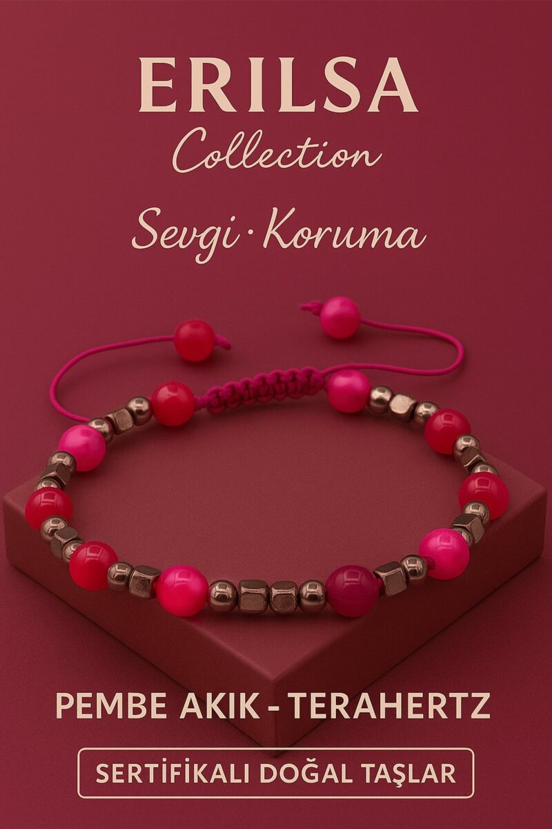 Sertifikalı Terahertz Pembe Akik Taşı Bileklik – Sevgi Koruma ve Pozitif Enerji Doğal Taş