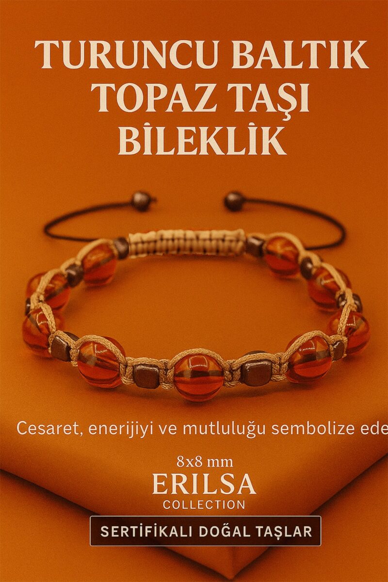 Sertifikalı Turuncu Baltık Topaz Doğal Taş Bileklik - 8x8 mm Cesaret Mutluluk Enerji Taşı