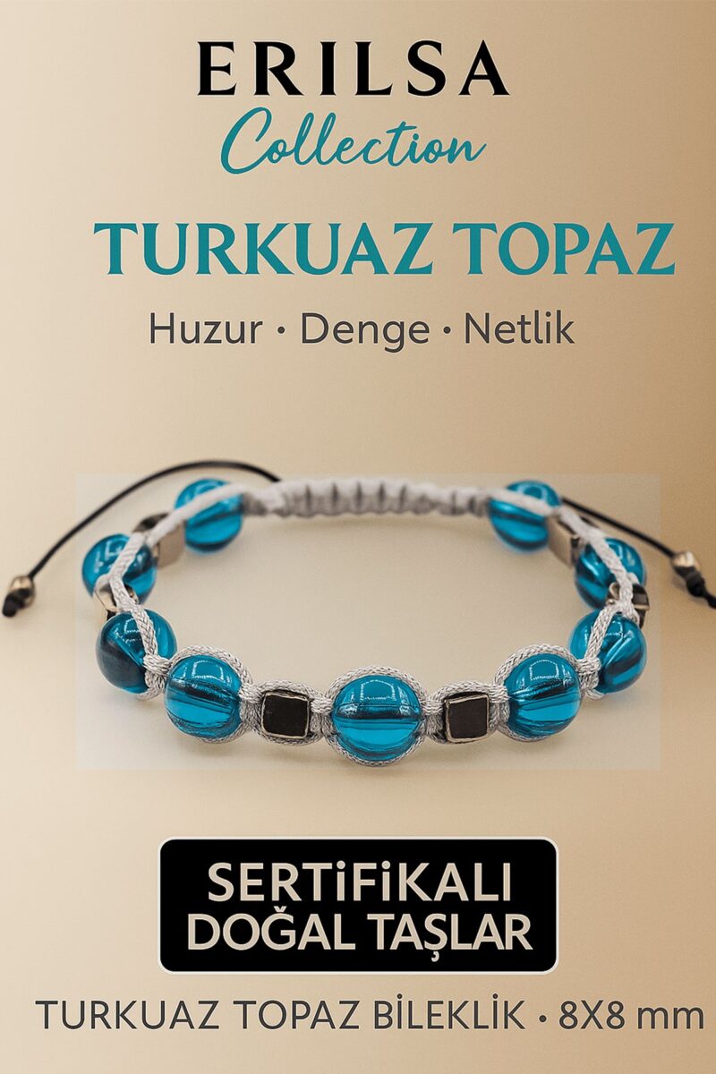 Sertifikalı Turkuaz Topaz Doğal Taş Bileklik - 8x8 mm Huzur ve Duygusal Dengeyi Destekleyen Taş