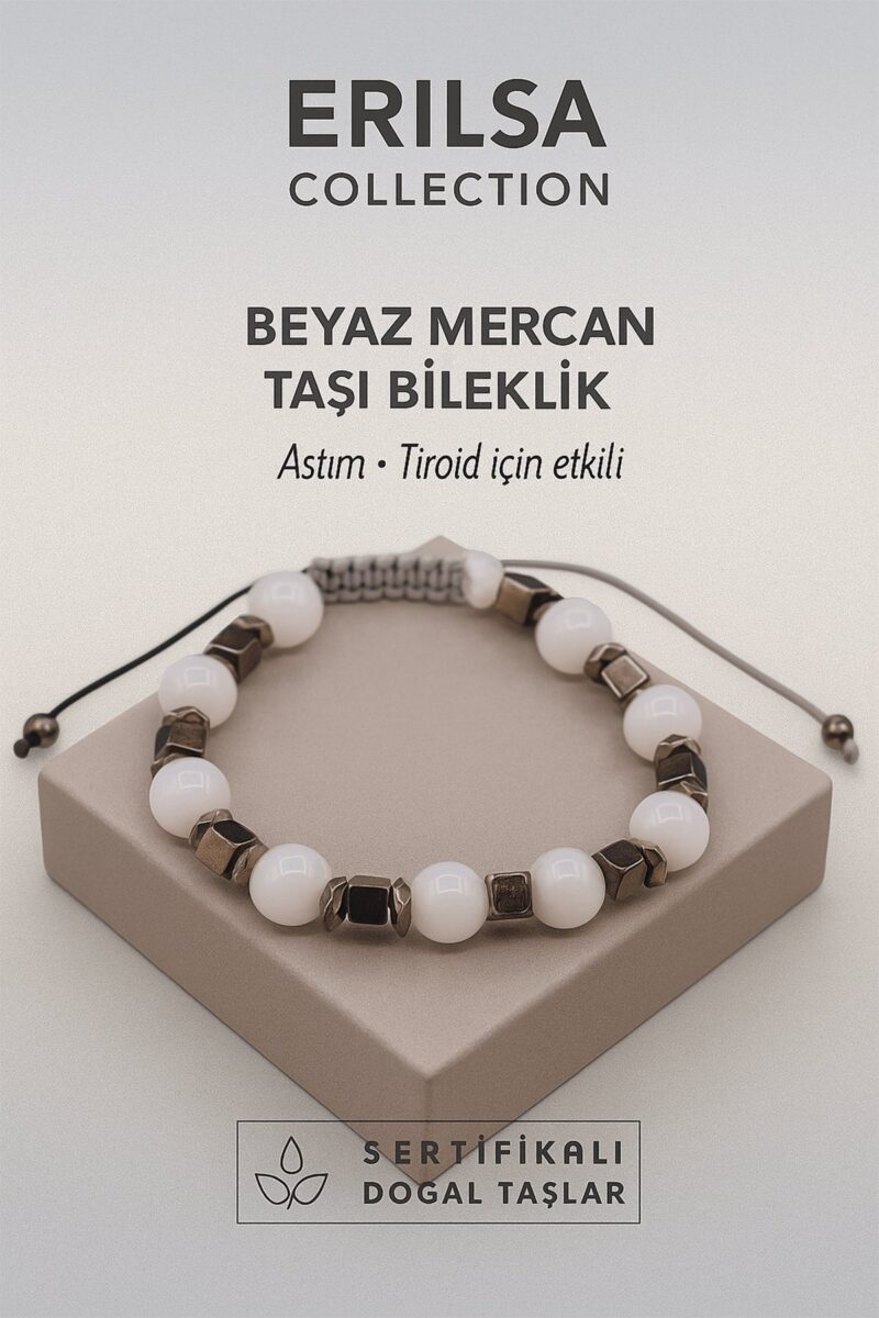 Sertifikalı Beyaz Mercan Doğal Taş Bileklik – Astım ve Tiroid Dengeleyici Enerji Taşı
