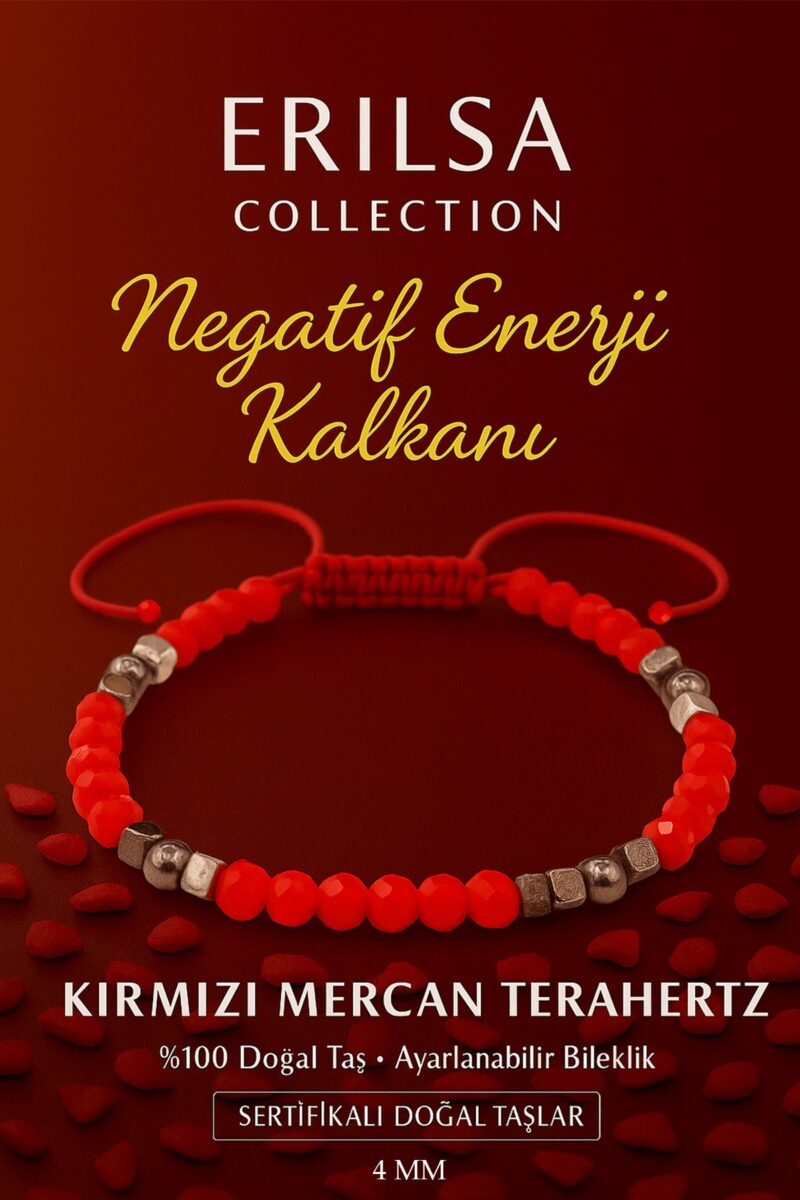 Sertifikalı Negatif Enerji Kalkanı Bilekliği – Kırmızı Mercan Terahertz Doğal Taş İnce Model