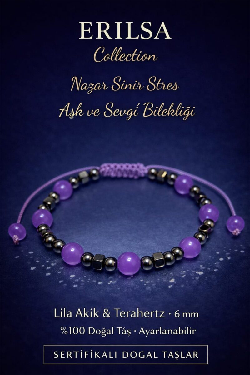 Sertifikalı Sinir Stres Aşk Sevgi ve Nazar Koruyucu Bileklik – Lila Akik Taşı Terahertz Doğal Taş