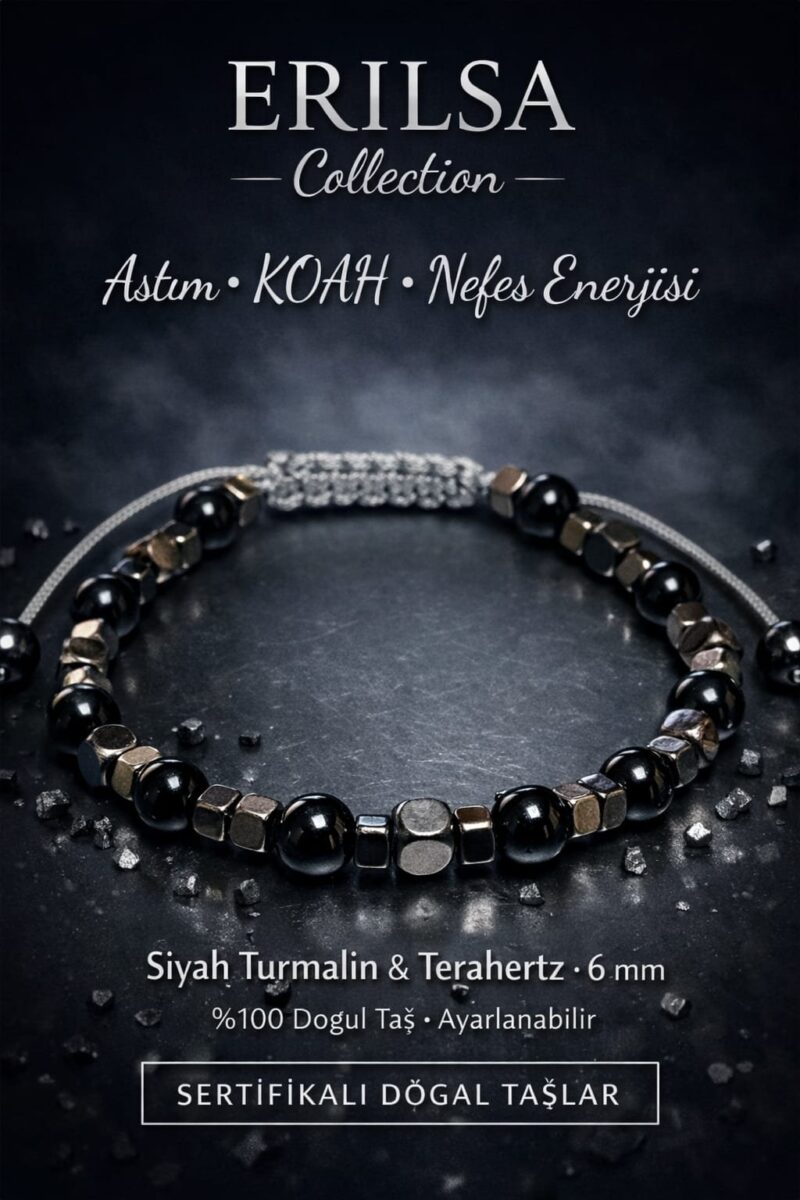 Sertifikalı Nefes Akış Destek Astım KOAH Enerji Bilekliği – Siyah Turmalin Terahertz 6 mm Doğal Taş