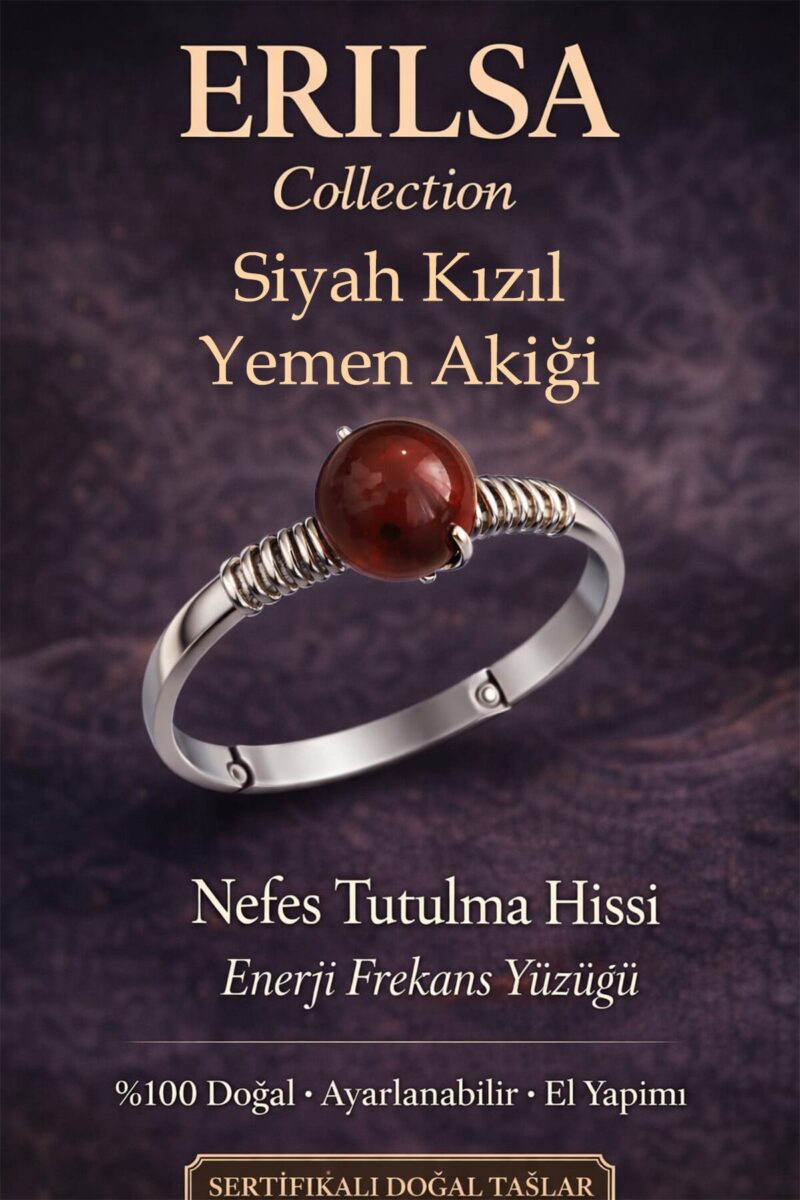 Sertifikalı Nefes Tutulma Hissi Yüzüğü – Siyah Kızıl Yemen Akik Ayarlamalı İnce Kasa Akrep Koç Aslan