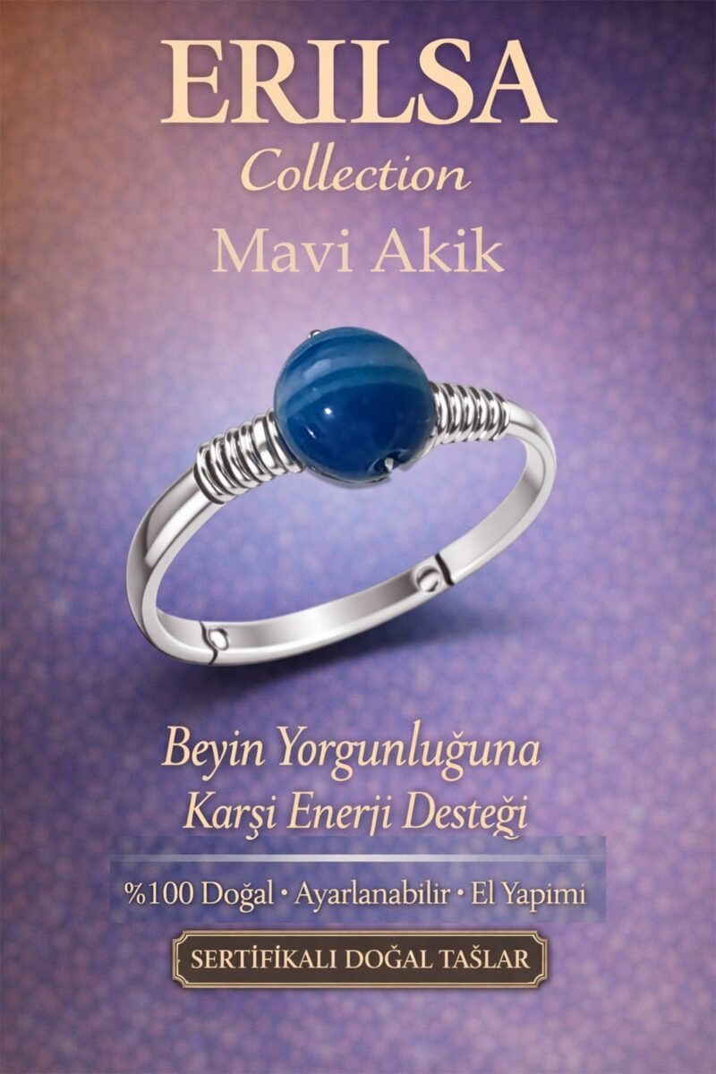 Sertifikalı Zihinsel Denge Enerji Yüzüğü – Damarlı Mavi Akik Ayarlamalı İnce Kasa Terazi Balık Burcu