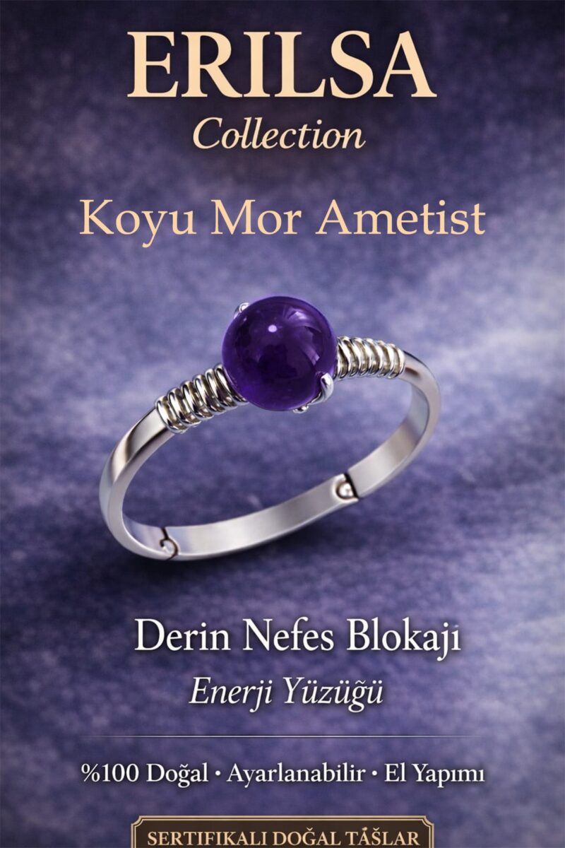 Sertifikalı Derin Nefes Blokajı Yüzüğü – Koyu Mor Ametist Ayarlanabilir İnce Kasa Balık Kova Yengeç