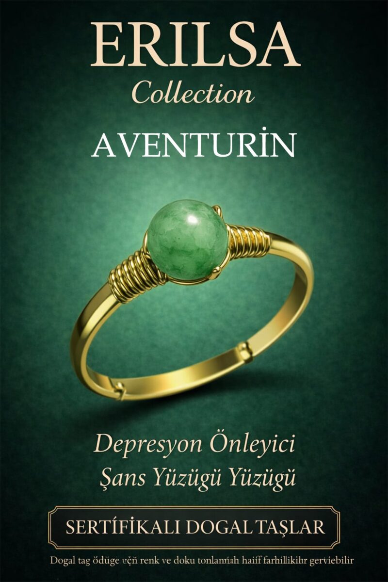 Sertifikalı Depresyon Önleyici Şans Yüzüğü – Aventurin Taşı Ayarlamalı Gold Boğa Terazi Yay Burcu