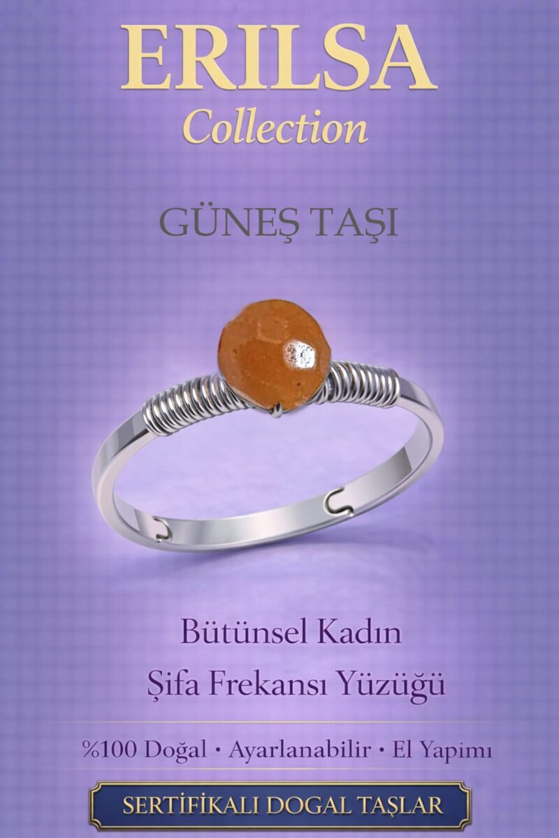 Sertifikalı Bütünsel Kadın Enerji Yüzüğü – Güneş Taşı Ayarlanabilir İnce Kasa Aslan Koç Yay Burcu