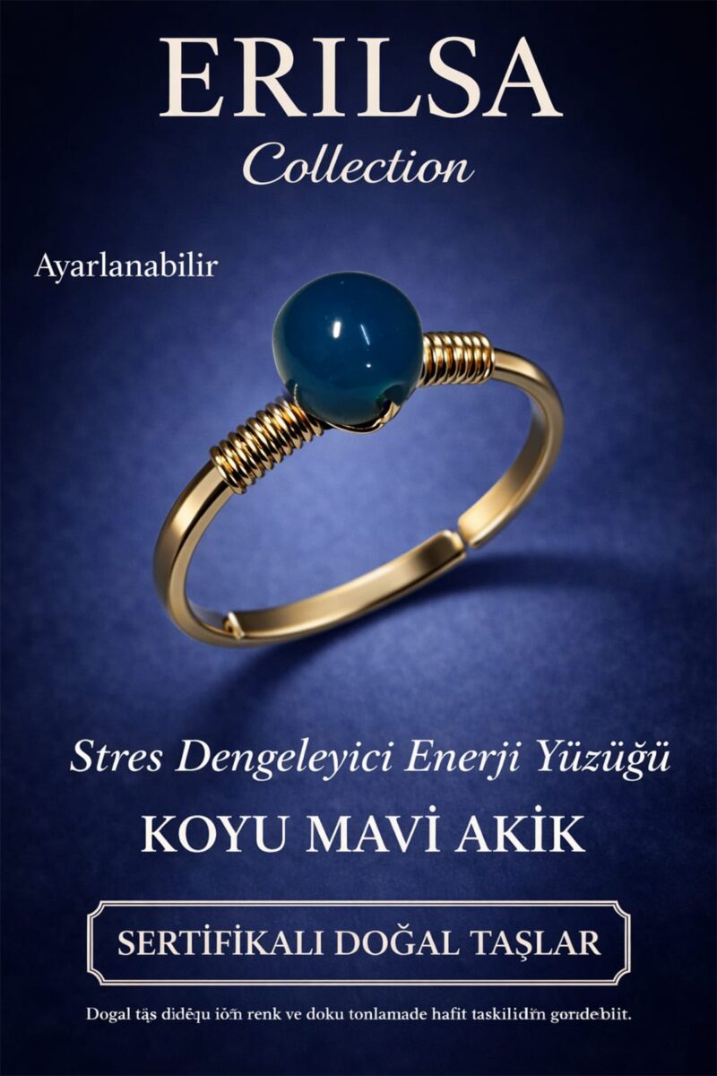 Sertifikalı Stres Dengeleyici Enerji Yüzüğü – Koyu Mavi Akik Ayarlamalı Gold İnce Oğlak Kova Burcu