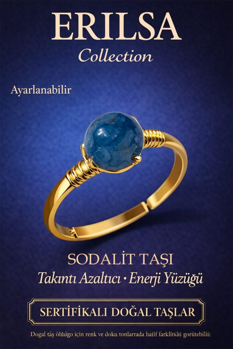 Sertifikalı Takıntı Azaltıcı Enerji Yüzüğü – Sodalit Taşı Ayarlamalı Gold İnce Kasa Kova Yay Başak