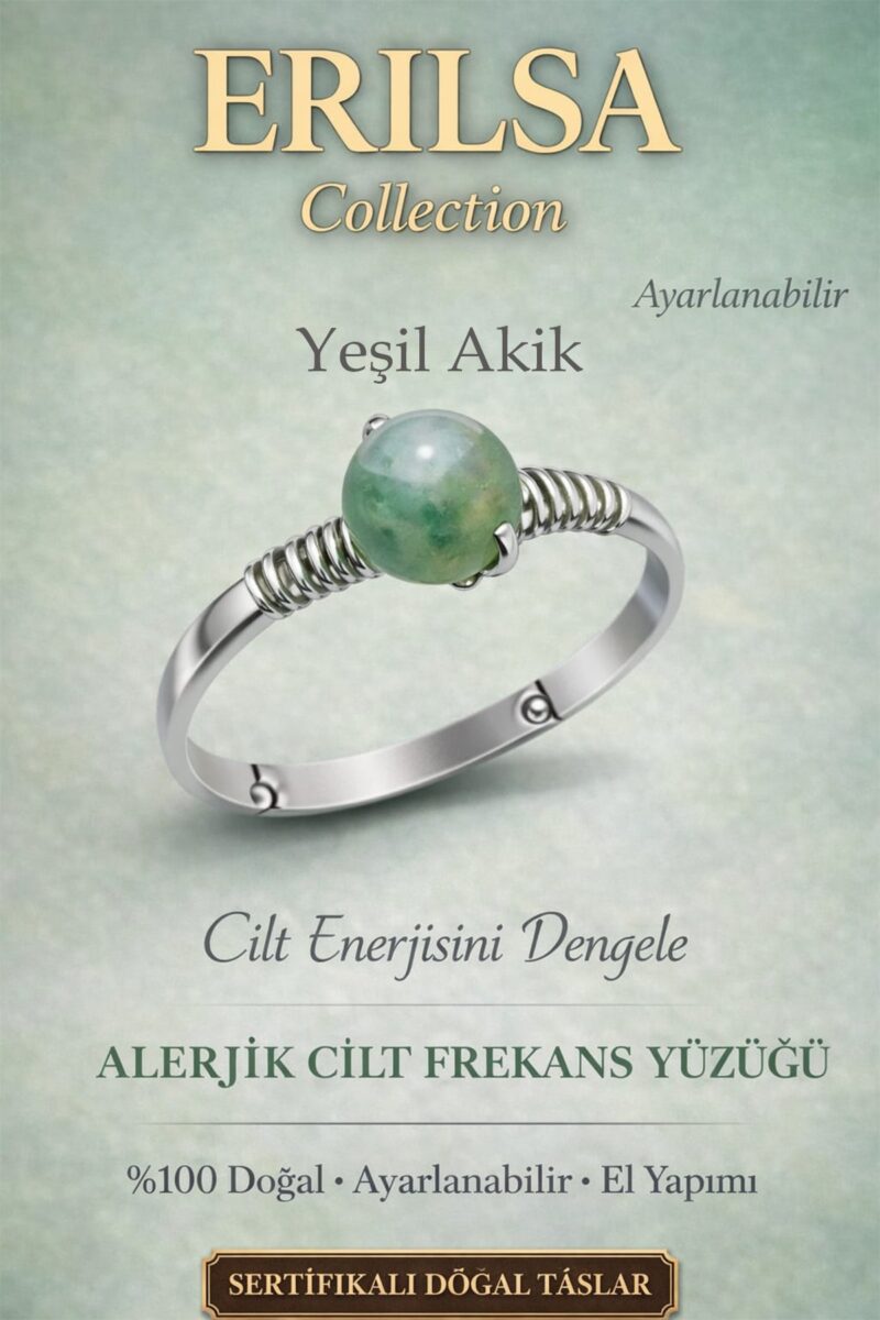 Sertifikalı Alerjik Cilt Enerji Yüzüğü – Yeşil Akik Ayarlanabilir İnce Kasa Boğa Başak Yengeç Burcu