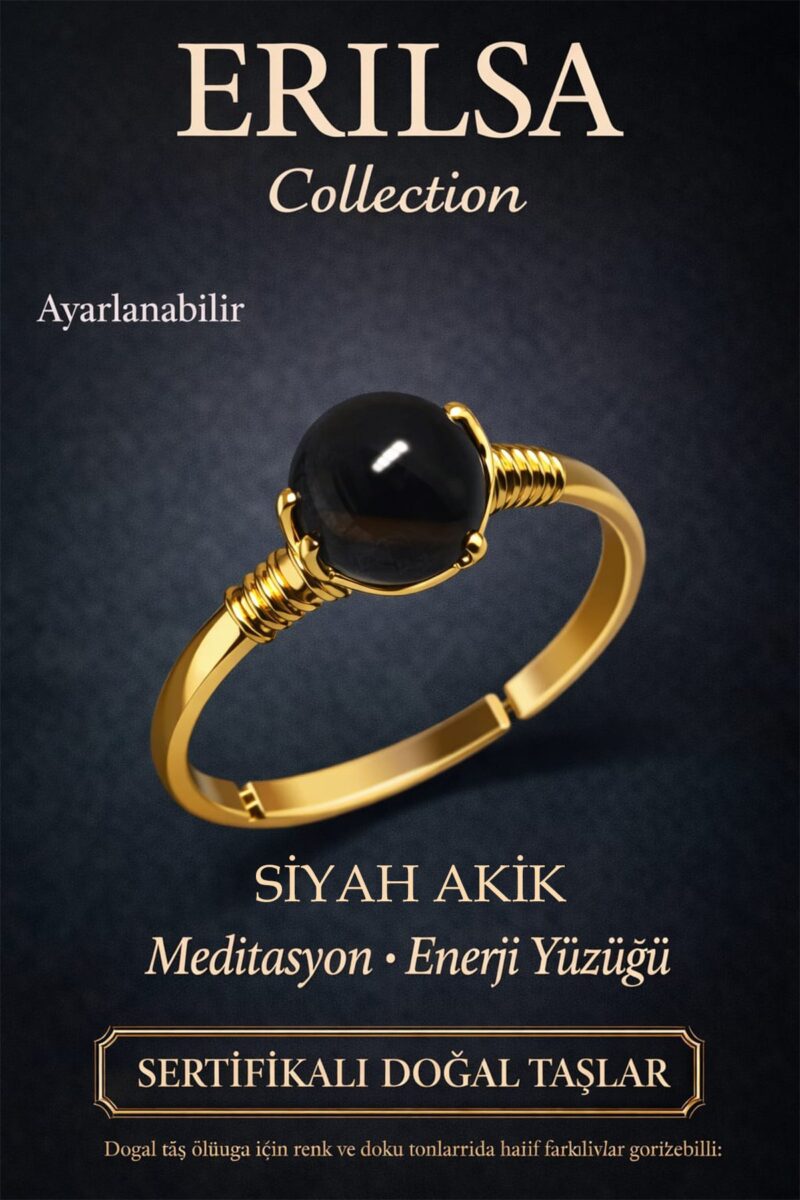 Sertifikalı Negatif Enerji Koruma Yüzüğü – Siyah Akik Taşı Ayarlanabilir Gold İnce Akrep Oğlak Burcu