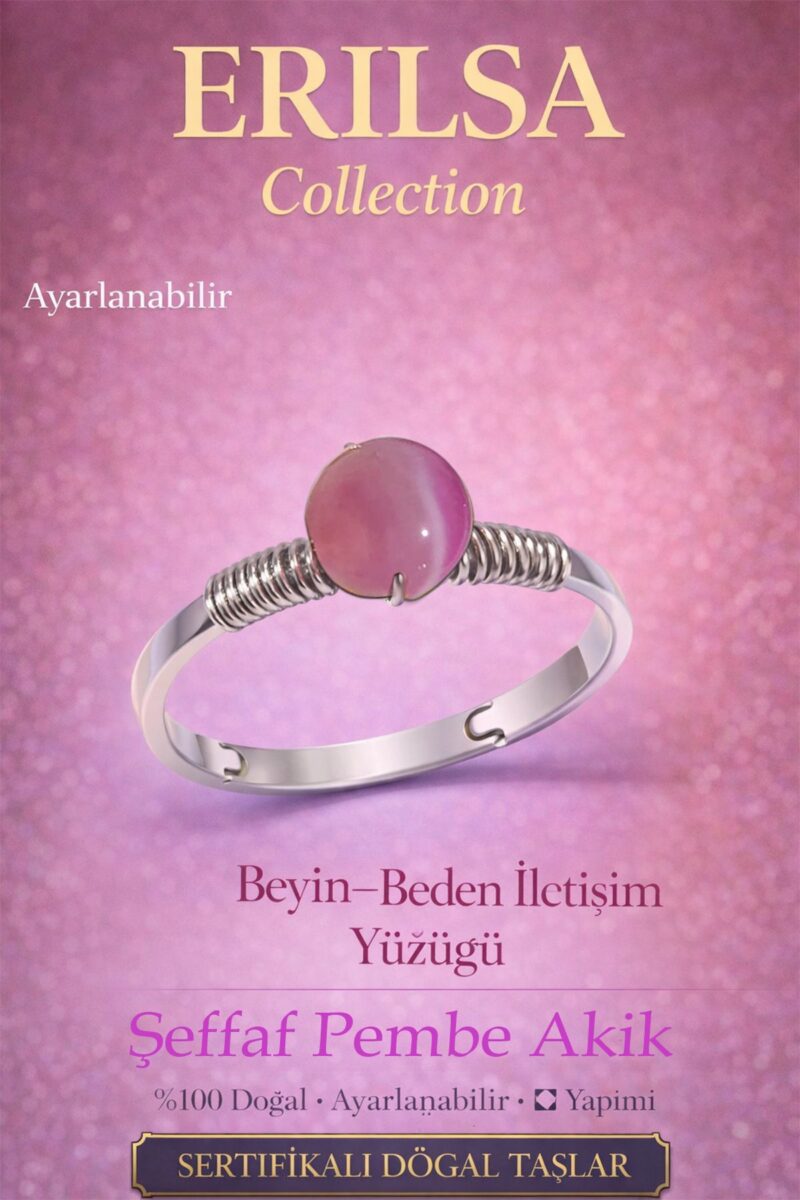 Sertifikalı Beyin Beden İletişim Enerji Yüzüğü – Şeffaf Pembe Akik Ayarlamalı İnce Terazi Yengeç