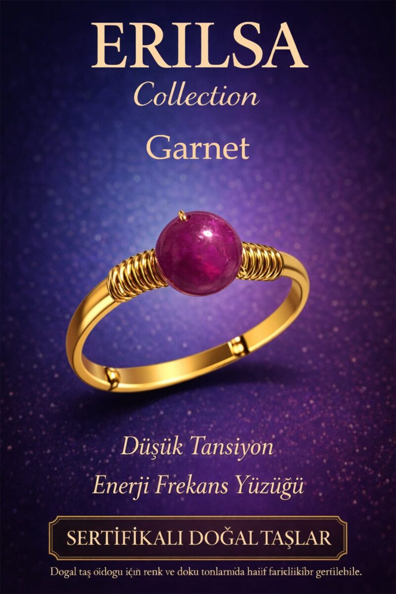 Sertifikalı Düşük Tansiyon Enerji Yüzüğü – Lal Garnet Taşı Ayarlanabilir Gold İnce Kasa Koç Aslan