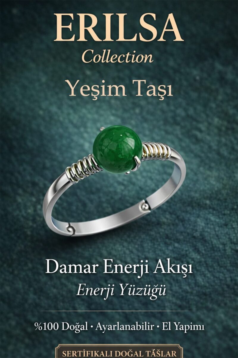 Sertifikalı Damar Enerji Akışı Yüzüğü – Yeşim Taşı Ayarlanabilir Gümüş Kasa Terazi Boğa Balık