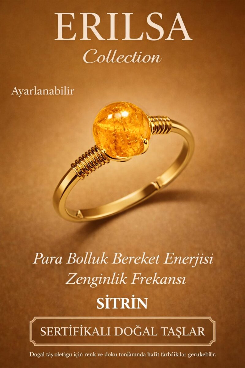 Sertifikalı Para Bolluk Bereket Yüzüğü – Sitrin Taşı Ayarlanabilir Gold İnce Kasa Aslan Koç Burcu