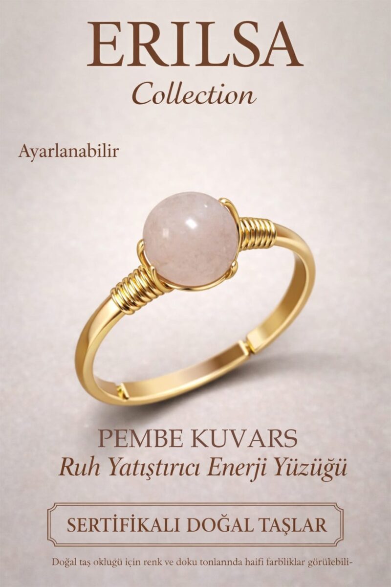 Sertifikalı Ruh Yatıştırıcı Enerji Yüzüğü – Pembe Kuvars Taşı Ayarlanabilir Gold Boğa Terazi Burcu