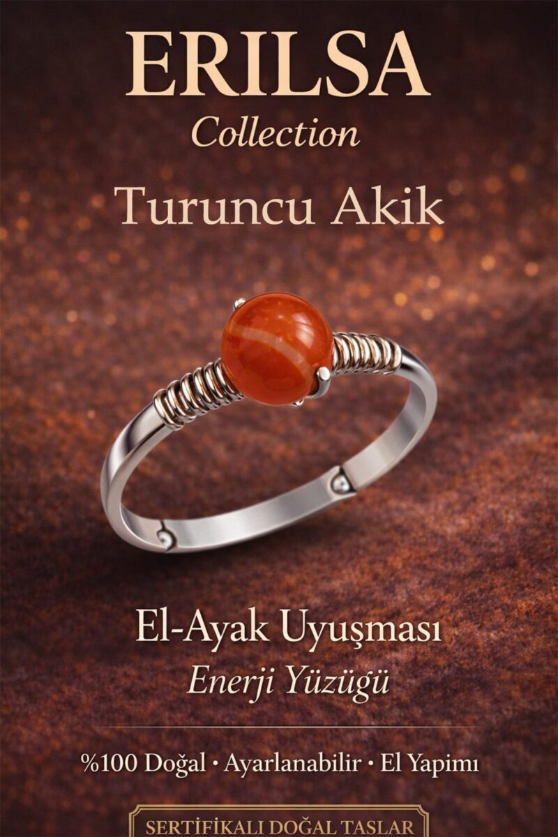 Sertifikalı El Ayak Uyuşması Enerji Yüzüğü – Turuncu Akik Ayarlanabilir Gümüş Kasa Aslan Başak Burcu