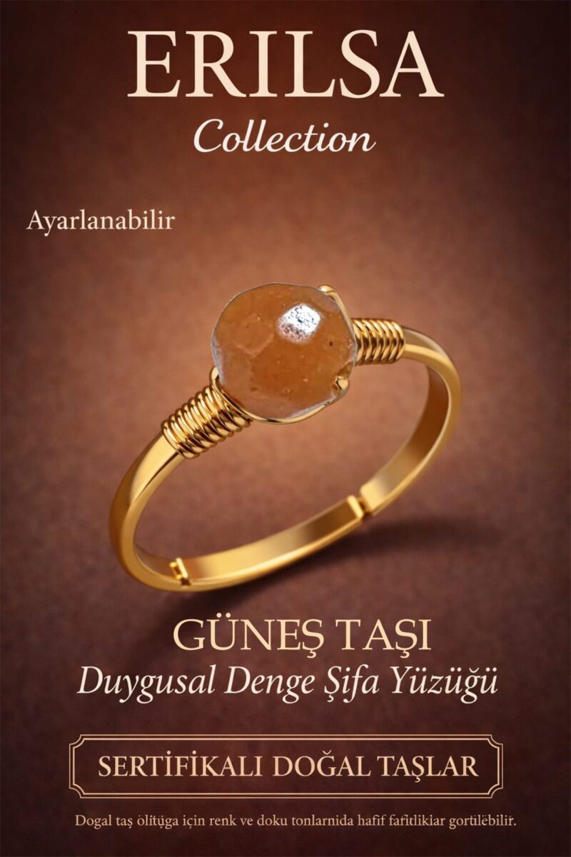 Sertifikalı Duygusal Denge Enerji Yüzüğü – Güneş Taşı Ayarlanabilir Gold İnce Aslan Koç Yay Burcu