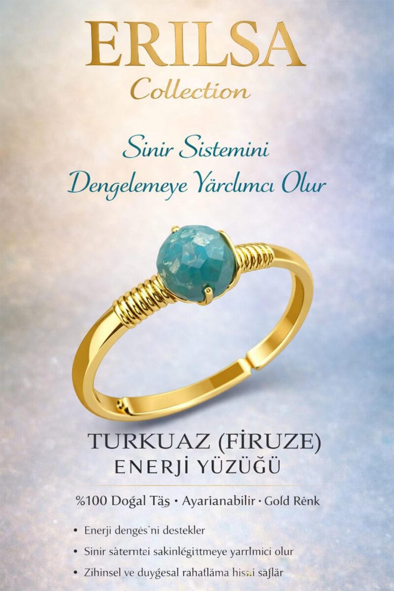 Sertifikalı Sinir Sistemi Denge Yüzüğü – Turkuaz Firuze Ayarlanabilir Gold Terazi Balık Burcu