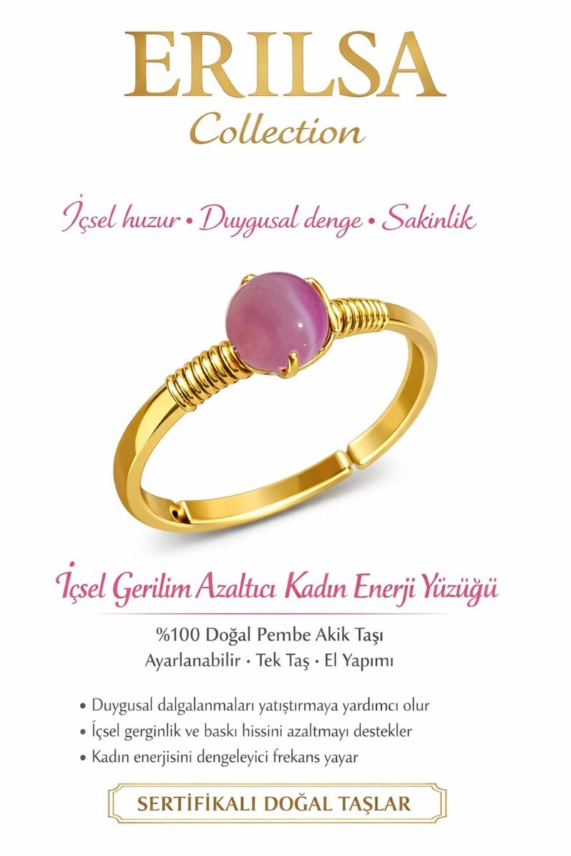 Sertifikalı Pembe Akik İçsel Gerginlik Azaltıcı Kadın Enerji Yüzüğü -Ayarlanamalı Gold Terazi Burcu