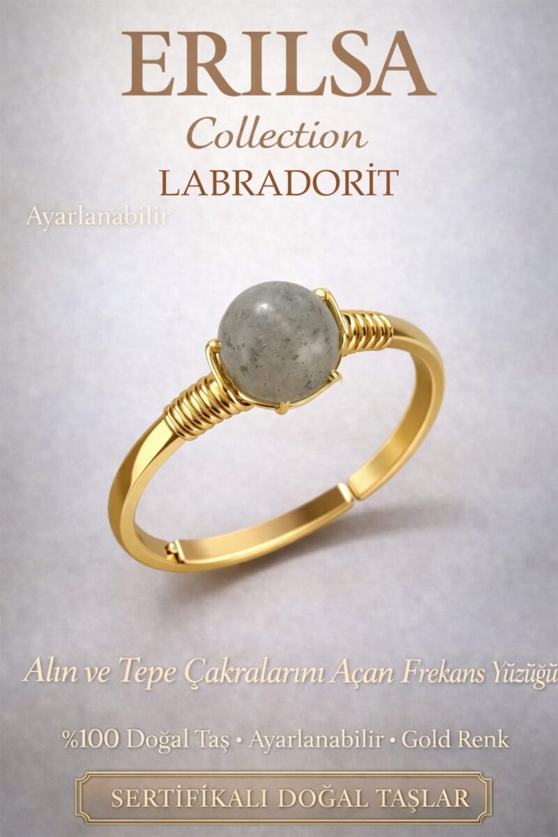 Sertifikalı Çakra Açıcı Enerji Yüzüğü Labradorit Taşı Gold Ayarlanabilir Kova Akrep Balık