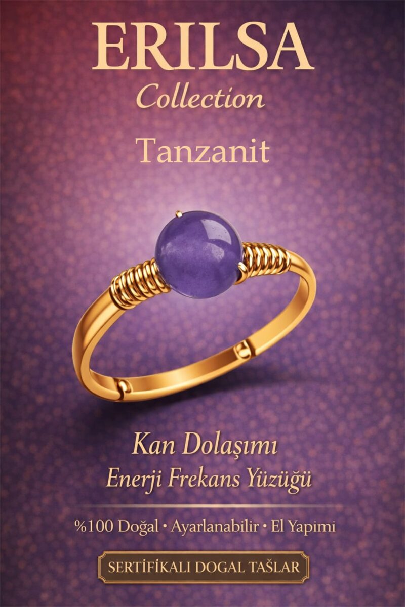 Sertifikalı Kan Dolaşımı Enerji Yüzüğü – Tanzanit Taşı Ayarlanabilir Gold İnce Kasa Terazi Balık