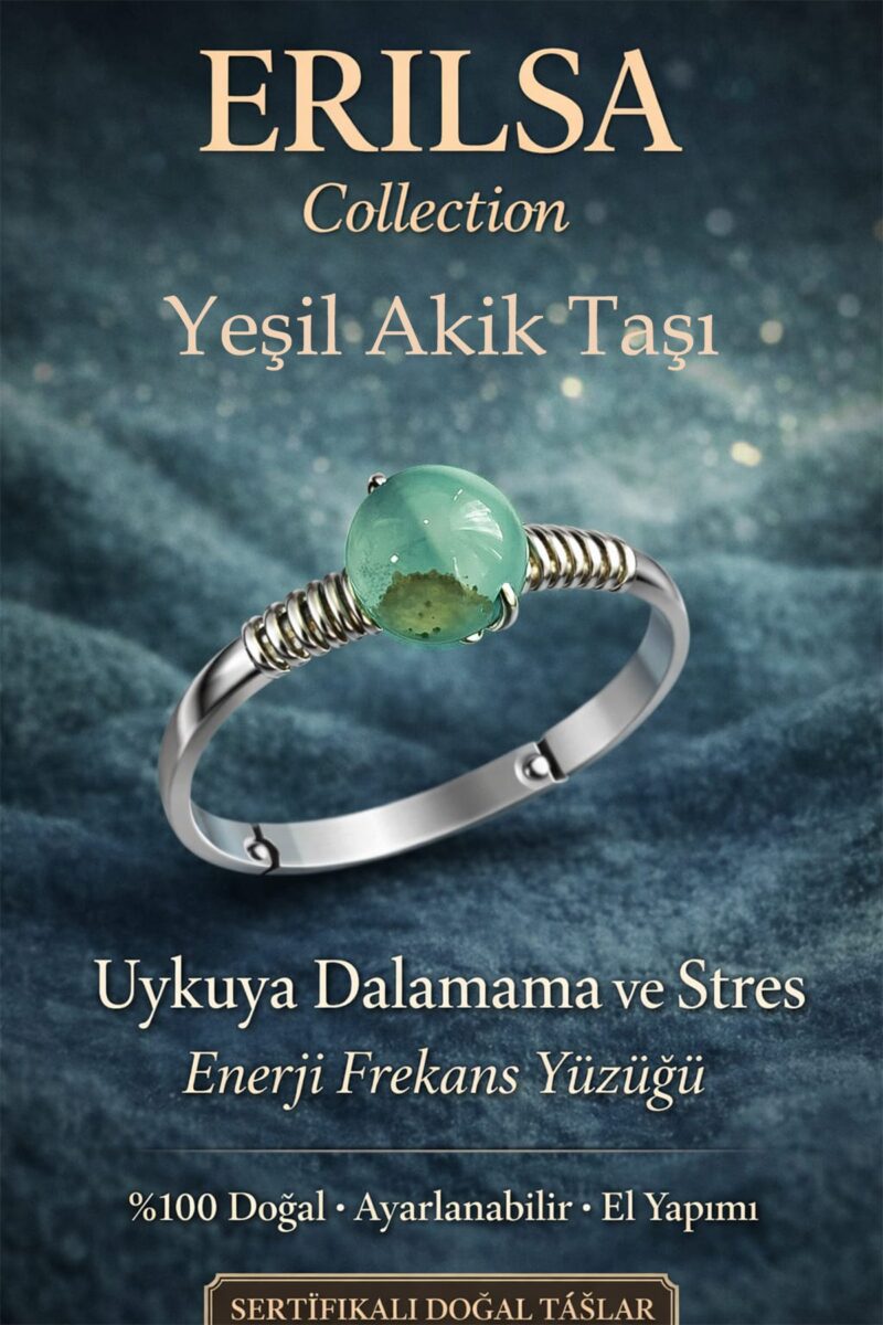 Sertifikalı Uykuya Dalamama Enerji Yüzüğü – Yeşil Akik Ayarlanabilir Gümüş Kasa Yengeç Balık Burcu