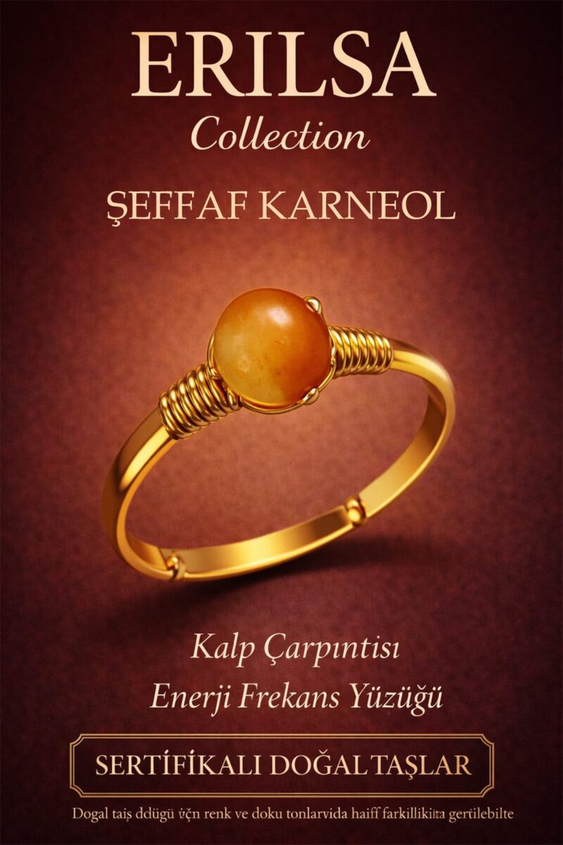 Sertifikalı Kalp Enerji Denge Yüzüğü – Şeffaf Karneol Ayarlanabilir Gold İnce Kasa Koç Aslan Burcu