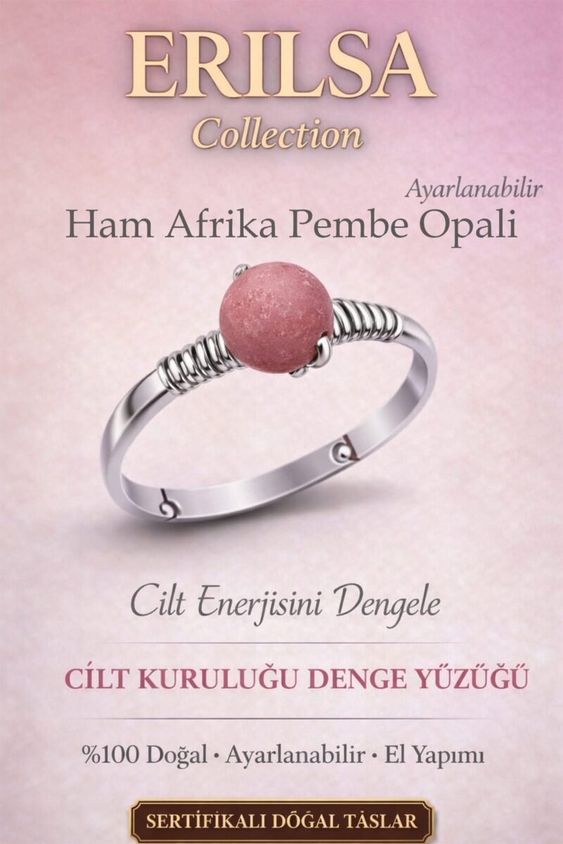 Sertifikalı Cilt Kuruluğu Denge Yüzüğü – Ham Afrika Pembe Opali Ayarlamalı İnce Terazi Balık Yengeç